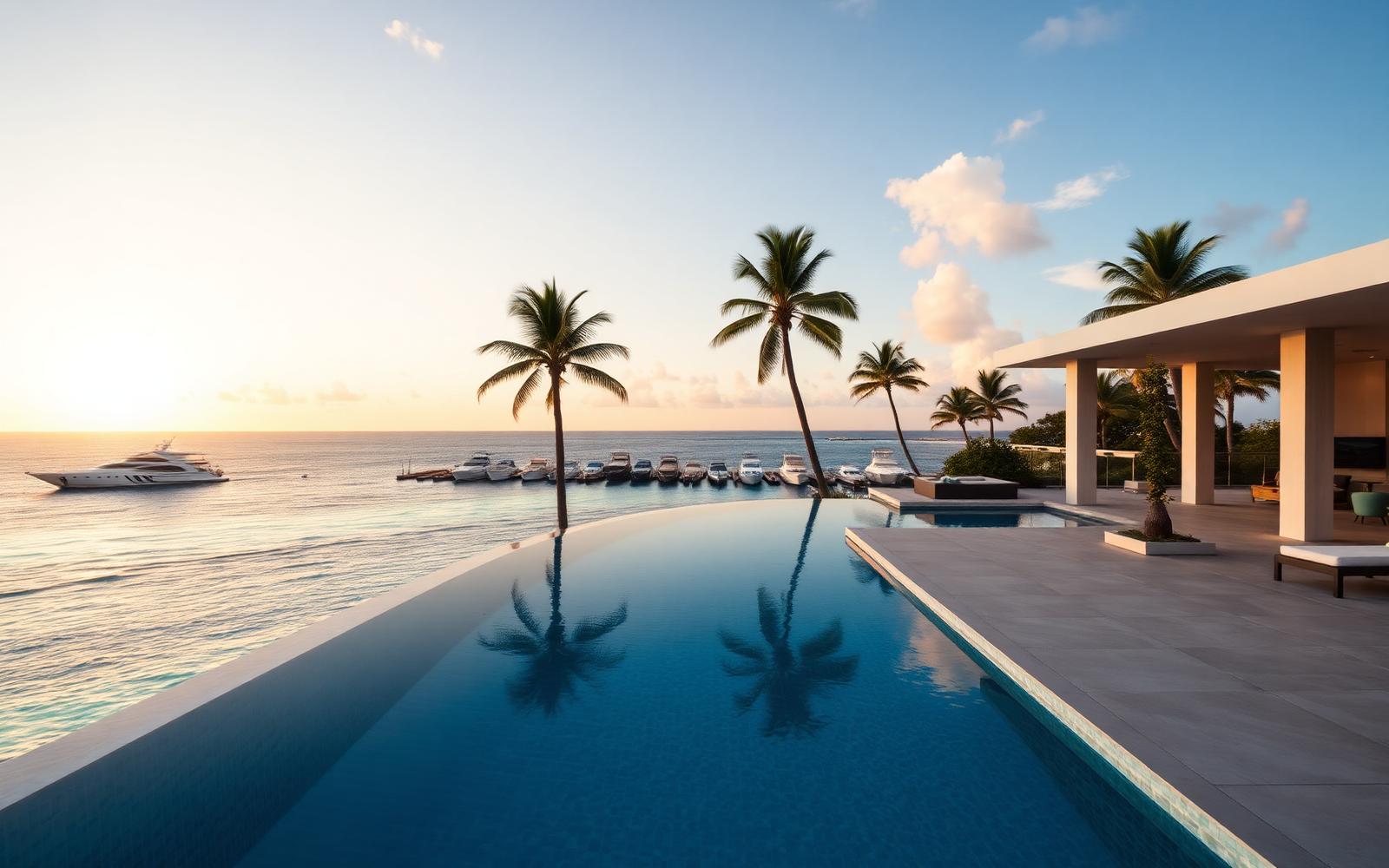 Oceanfront luxury villa with infinity pool and marina at golden hour